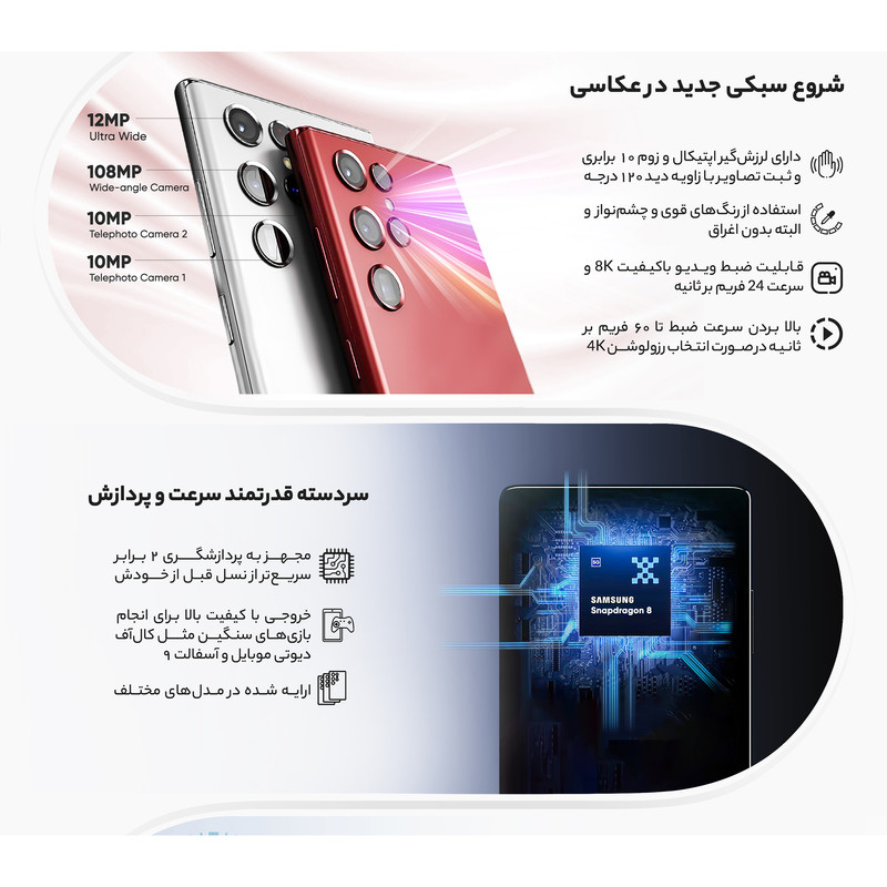 گوشی موبایل سامسونگ مدل Galaxy S22 Ultra 5G دو سیم کارت ظرفیت 256 گیگابایت و رم 12 گیگابایت نسخه اسنپدراگون